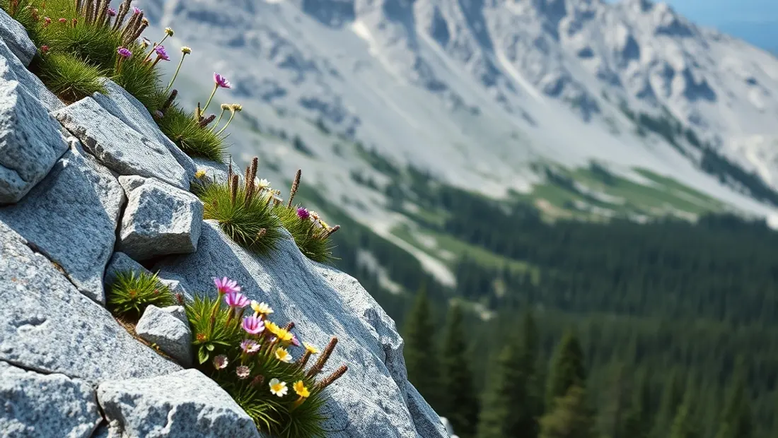 La flore d’altitude sur les pentes, au-dessus de la forêt.
