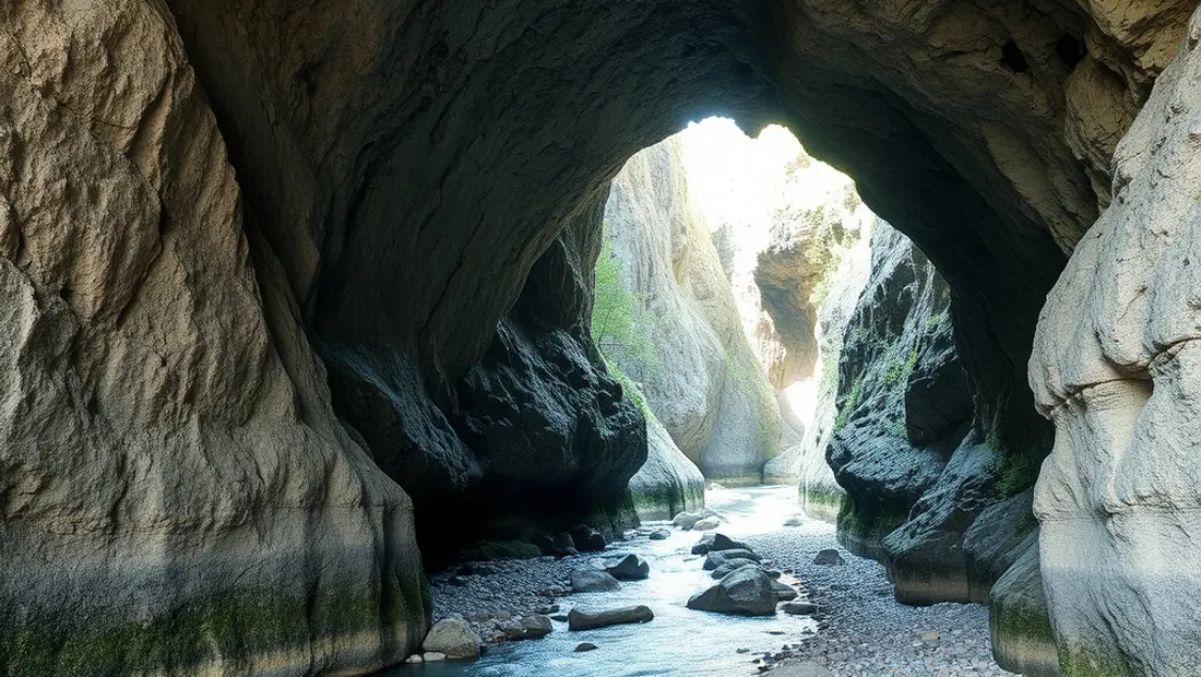 Le porche de la grotte du Mas-d’Azil, traversé par la rivière